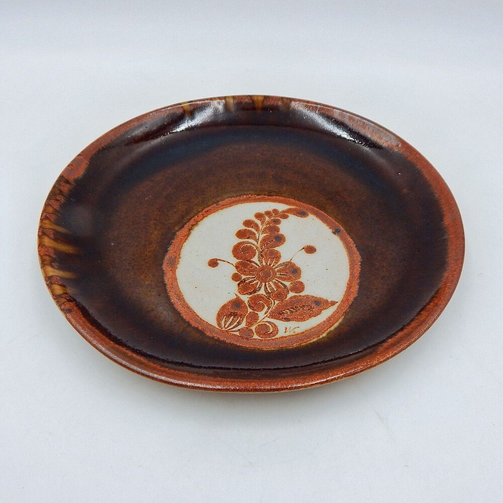 Pottery Brown Drip Glaze Plate Flower Frond Floral Decorated 9 Inch Signed